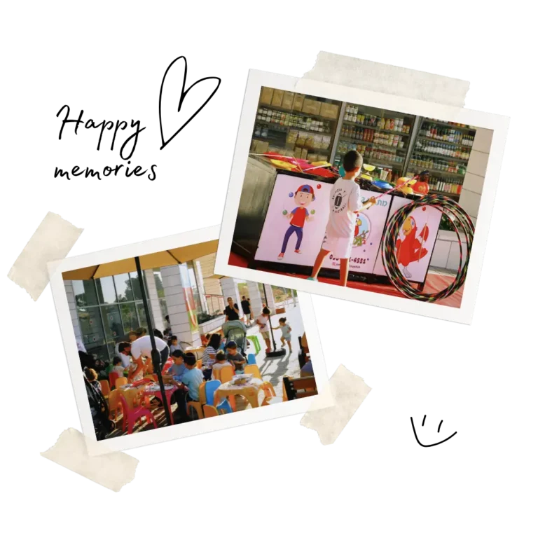 שתי תמונות מאירוע קהילתי עם אטרקציות לעסקים