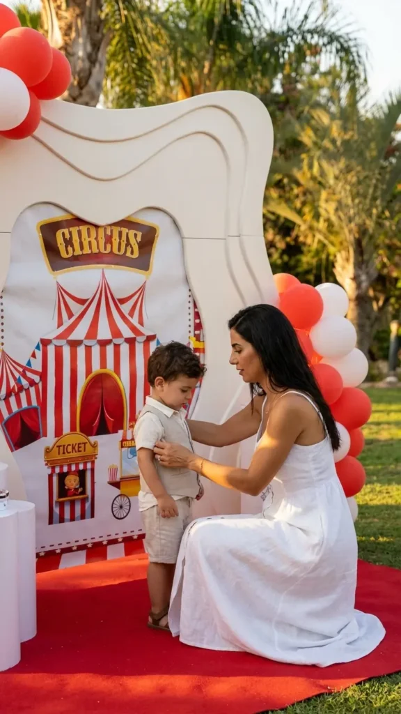 קיר צילום ממותג ליום הולדת לילדים בסגנון קרקס - ג'מבו הפקות 053-3214551